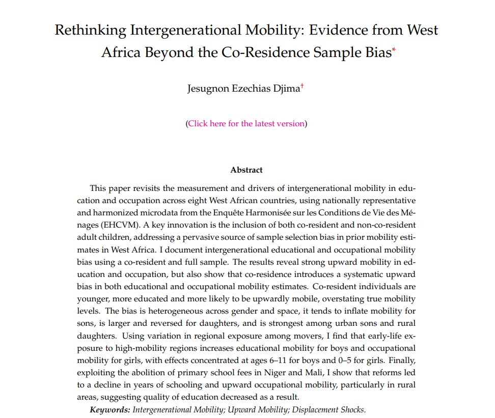Rethinking Intergenerational Mobility: Evidence from West Africa Beyond the Co-Residence Sample Bias

Website: jesugnonezechiasdjima.com/research