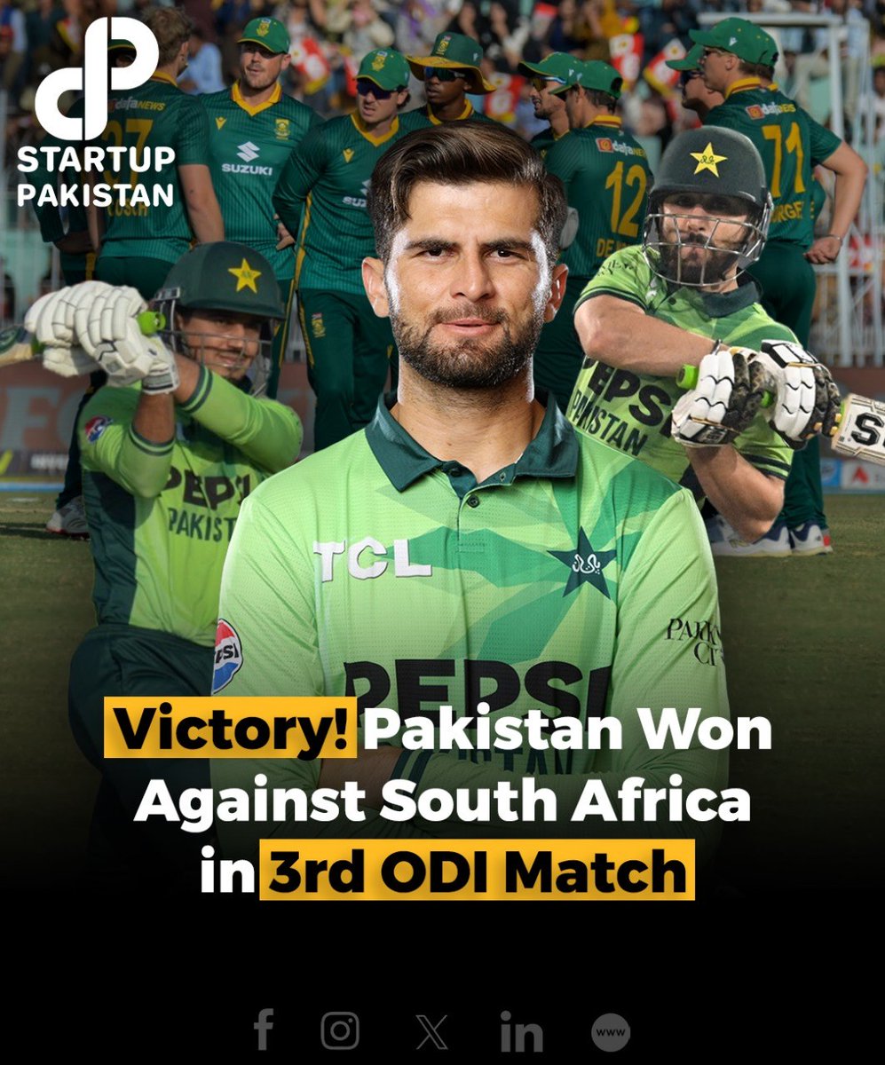 PakStartup's tweet photo. Victory! Pakistan Won Against South Africa in 3rd ODI Match
#PakistanCricket #PAKvSA #CricketVictory #ODIWin #TeamPakistan https://t.co/RWOehRl1vk