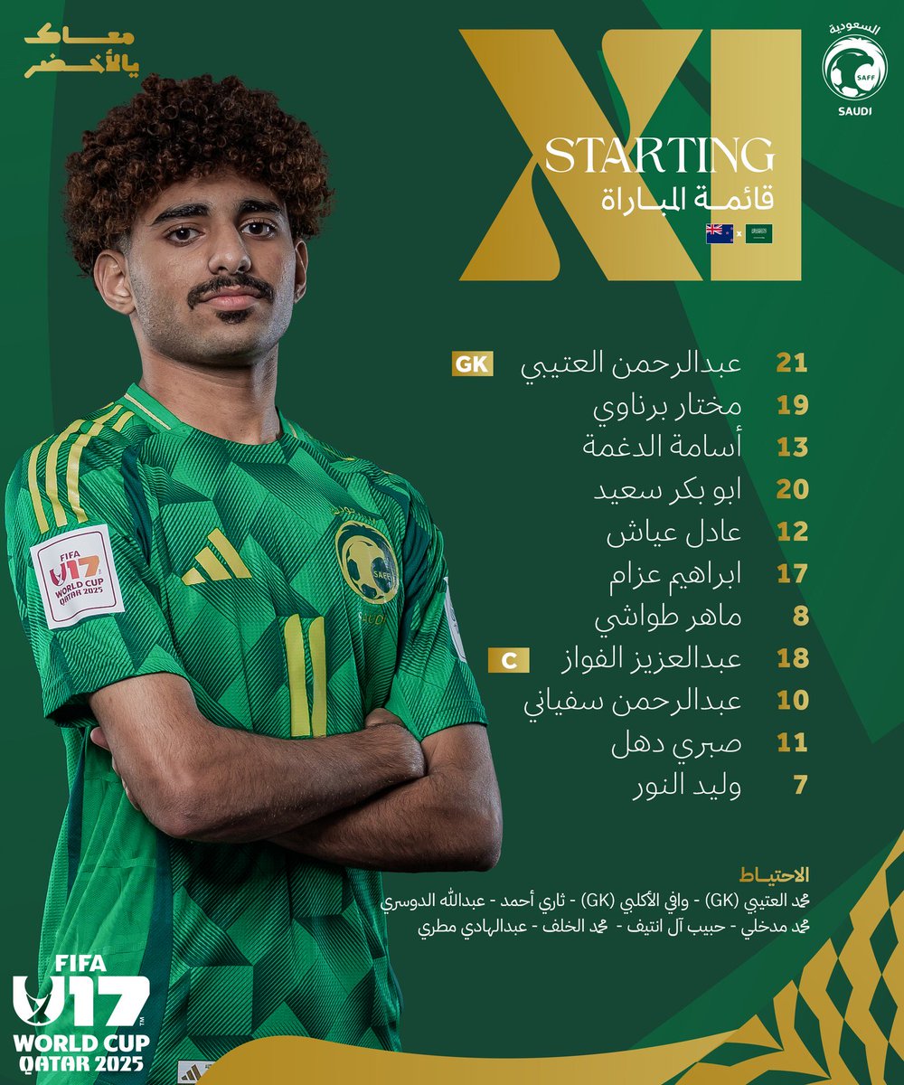 تشكيلة منتخبنا الوطني 🇸🇦 تحت 17 عامًا ضد نيوزيلندا في بطولة كأس العالم تحت 17 عامًا

#السعودية_نيوزيلندا | #الإخبارية_رياضة