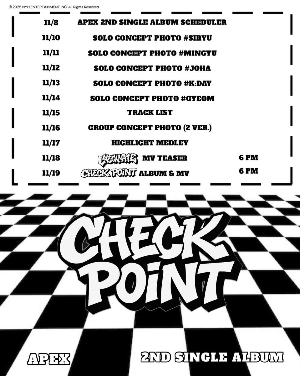UpdateKBoys's tweet photo. AMAMOS! O APEX divulgou o calendário promocional para o seu 2° single álbum, "CHECK POINT", que sairá no dia 19 de novembro!
#APEX #에이펙스
#CHECK_POINT #CHECKMATE https://t.co/8mbJDbFWkQ