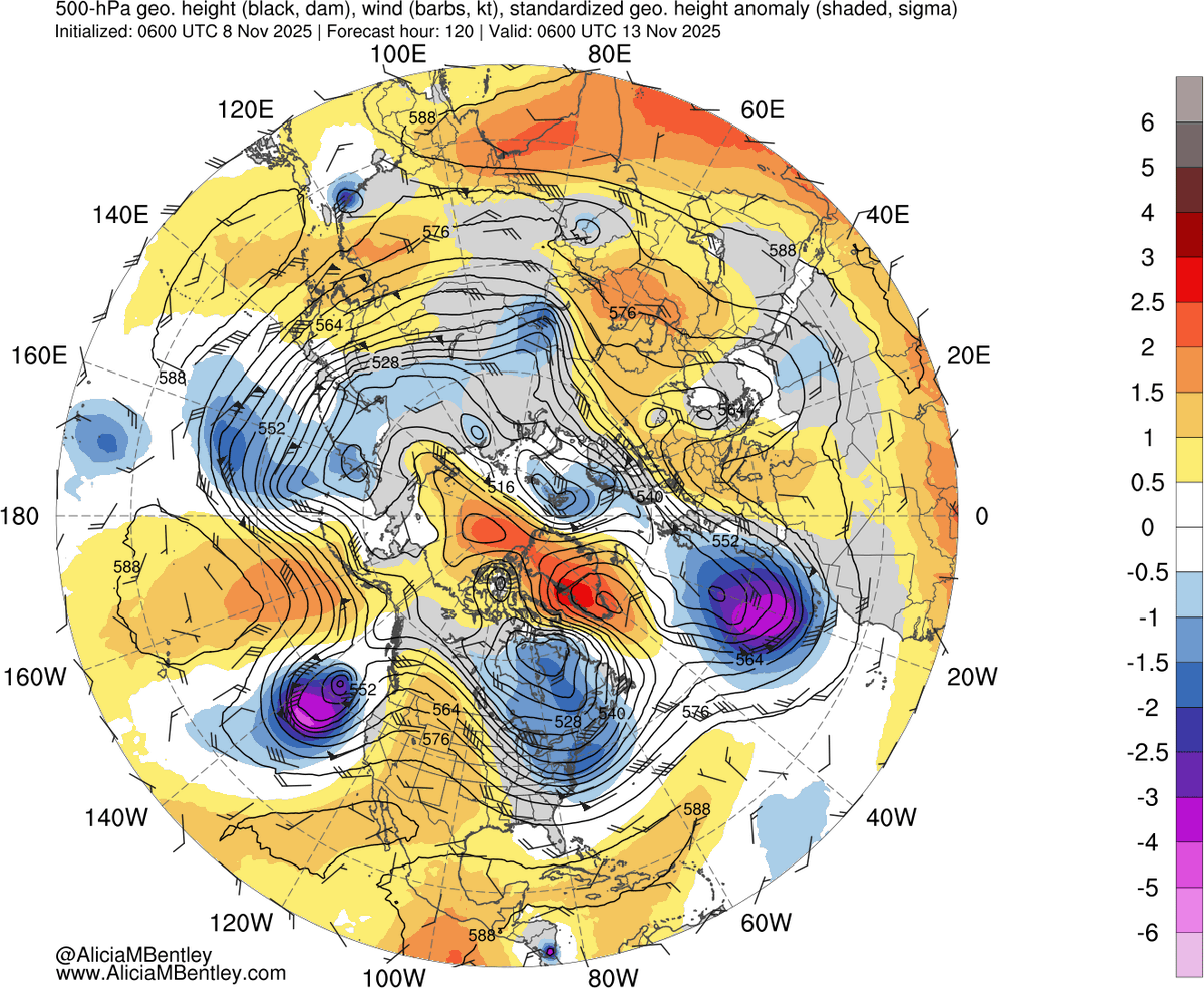 Cette dynamique de flux méridiens est très visible sur cette carte d'anomalie de géopotentiel avec une alternance de descentes froides et de remontées douces depuis l'Ouest Pacifique jusqu'en Europe