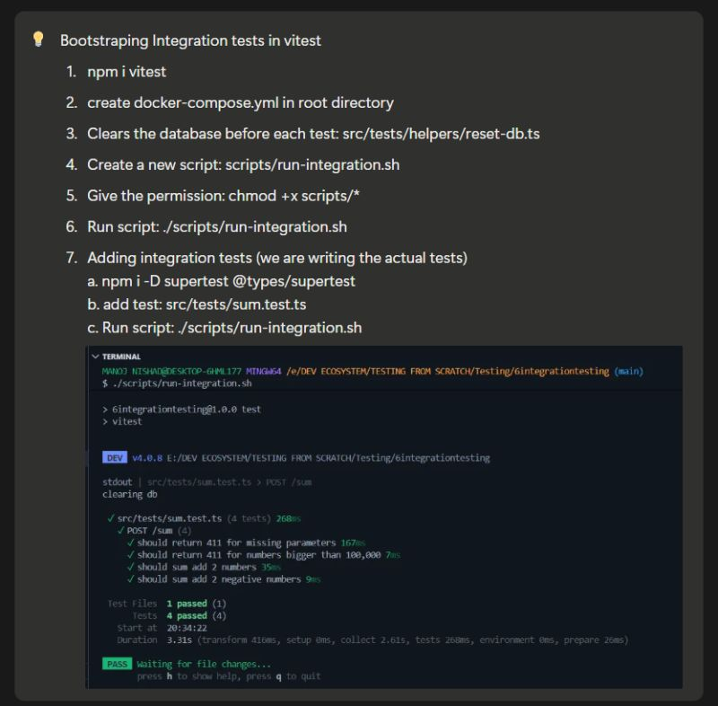 manojofficialmj's tweet image. Today’s Dev Practice: Bootstrapping Integration Tests in Vitest with @100xDevs @kirat_tw

Today, I practiced setting up integration testing in my Node.js project using Vitest &amp;amp; Prisma &amp;amp; Supertest.

github.com/BCAPATHSHALA/T…

#IntegrationTesting #Vitest #Prisma #BackendTesting
