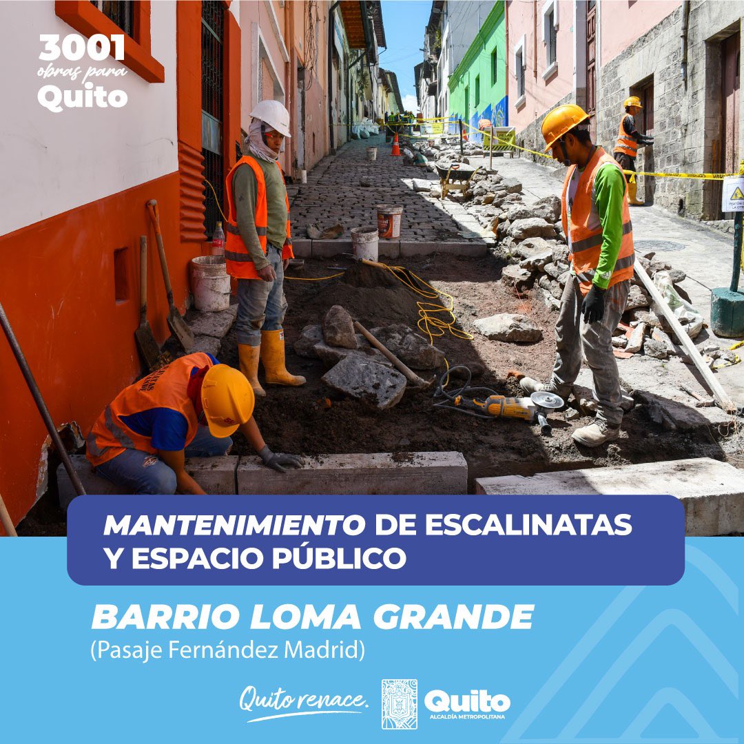 👷‍♀️ #QuitoConObras | En el pasaje Fernández Madrid, del barrio Loma Grande, intervenimos las escalinatas y el espacio público para mejorar la movilidad y seguridad de quienes transitan por esta zona del Centro Histórico.

#QuitoRenace