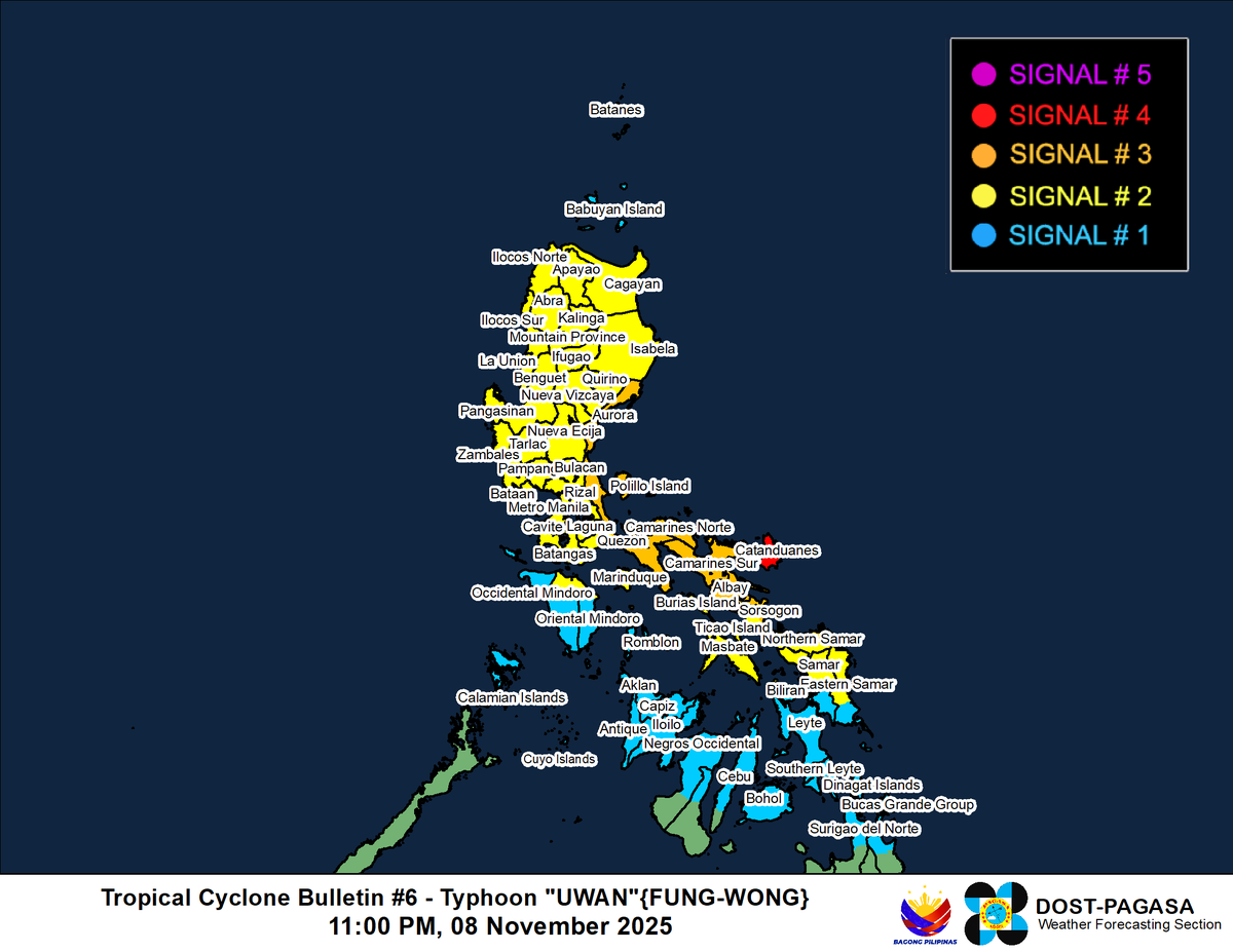 dost_pagasa's tweet photo. TROPICAL CYCLONE BULLETIN NR. 6
Typhoon #UwanPH (FUNG-WONG)
Issued at 11:00 PM, 08 November 2025
Valid for broadcast until the next bulletin at 2:00 AM tomorrow.

TYPHOON “UWAN” FURTHER INTENSIFIES AS IT CONTINUES TO MOVE CLOSER TOWARDS BICOL REGION

Link: https://t.co/Mb1nZQSD3s https://t.co/L4B2LGKXZZ