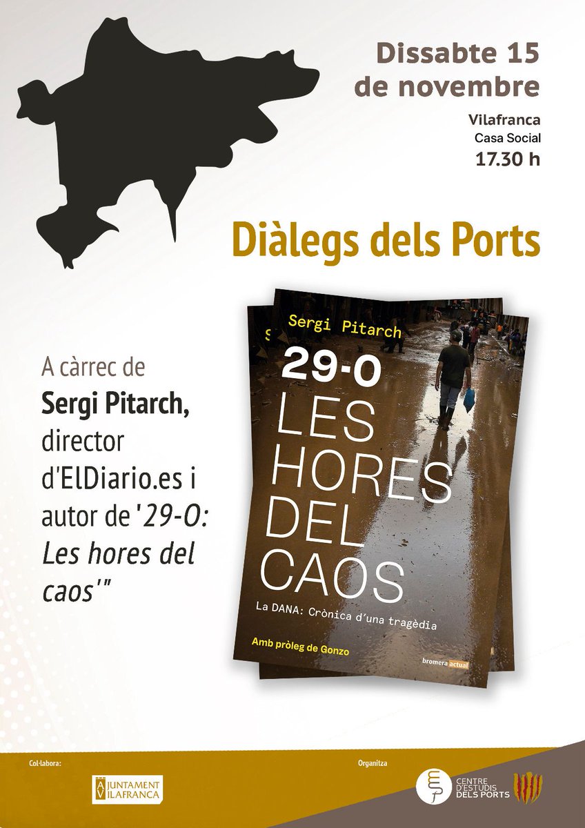 Dissabte, 15 de novembre, a la Casa Social de Vilafranca: Sergi Pitarch, director d'Eldiario.es i autor de "29-O Les hores caos. La dana: crònica d'una tragèdia." parlarà sobre el llibre.