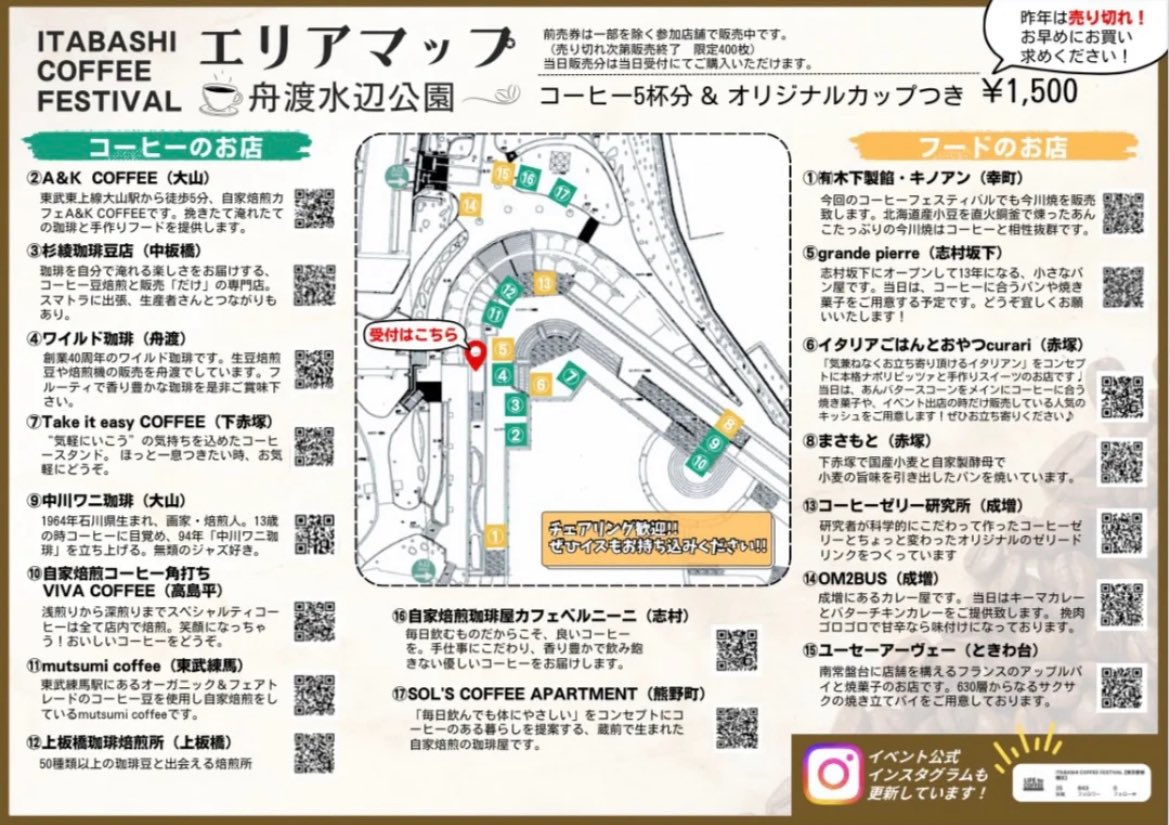 rinpei_manaka's tweet photo. 第二回☕LIFE to COFFEE☕
-ITABASHI COFFEE FESTIVAL -

いよいよ明日、『舟渡水辺公園』にて開催です！
（西台駅から徒歩9分、浮間公園ではないのでご注意を）

お問い合わせのあったベビールームも準備しました。
おむつ替えなどで利用いただけます。

また雨天の場合も、橋の下にコミュニティスペースを設け、淹れたてのコーヒーをゆっくりと楽しんでいただけるよう���ーブルを配置しています。

皆さまに、手作りの温かみが伝わる会場になっていれば嬉しいです。

https://t.co/t14cS3GYoy

暖かくしてお出かけください。

ーーーーーーーーーーーーー
☑️前売り券をご購入頂いた皆さまは、会場受付で飲み比べシールとオリジナルカップをお渡ししますので、前売り券をお忘れなく。

☑️チケットについて
９：２０　前売券交換開始
９：５０　当日券販売開始
１０：００　イベント開始

☑️当日券は、会場受付にて販売（1,500円、飲み比べシール5枚1セット➕試飲紙カップ）。こちらは現金のみで承ります。ご注意下さい🙇‍♀️

※また、飲み比べシールをご購入頂かなくても、お気に入りのコーヒー店舗で一杯のみのご購入や、フード店のみの利用もお楽しみ頂けます。

☑️入場無料！

☑️会場には��くさんの方のご来場が予想されますので、スタッフの会場整理にご協力を宜しくお願い致します。

“天候不良のため、足元が悪いことに加え、冷え込む可能性がございます。お越しの際は、暖かい服装にてお気を付けてお越しください🙇‍♀️”
ーーーーーーーーーーーーーーー
📅 日程：2025年11月9日（日）
📍 会場：舟渡水辺公園
（板橋区舟渡4丁目4-1）

#coffee #珈琲 #cafe #カフェ #コーヒー #lifetocoffee #板橋コーヒーフェスティバル #itabashicoffeefestival #舟渡水辺公園 #コーヒーイベント #コーヒーフェス #自家焙煎珈琲 #板橋区議会議員 #間中りんぺい #板橋区