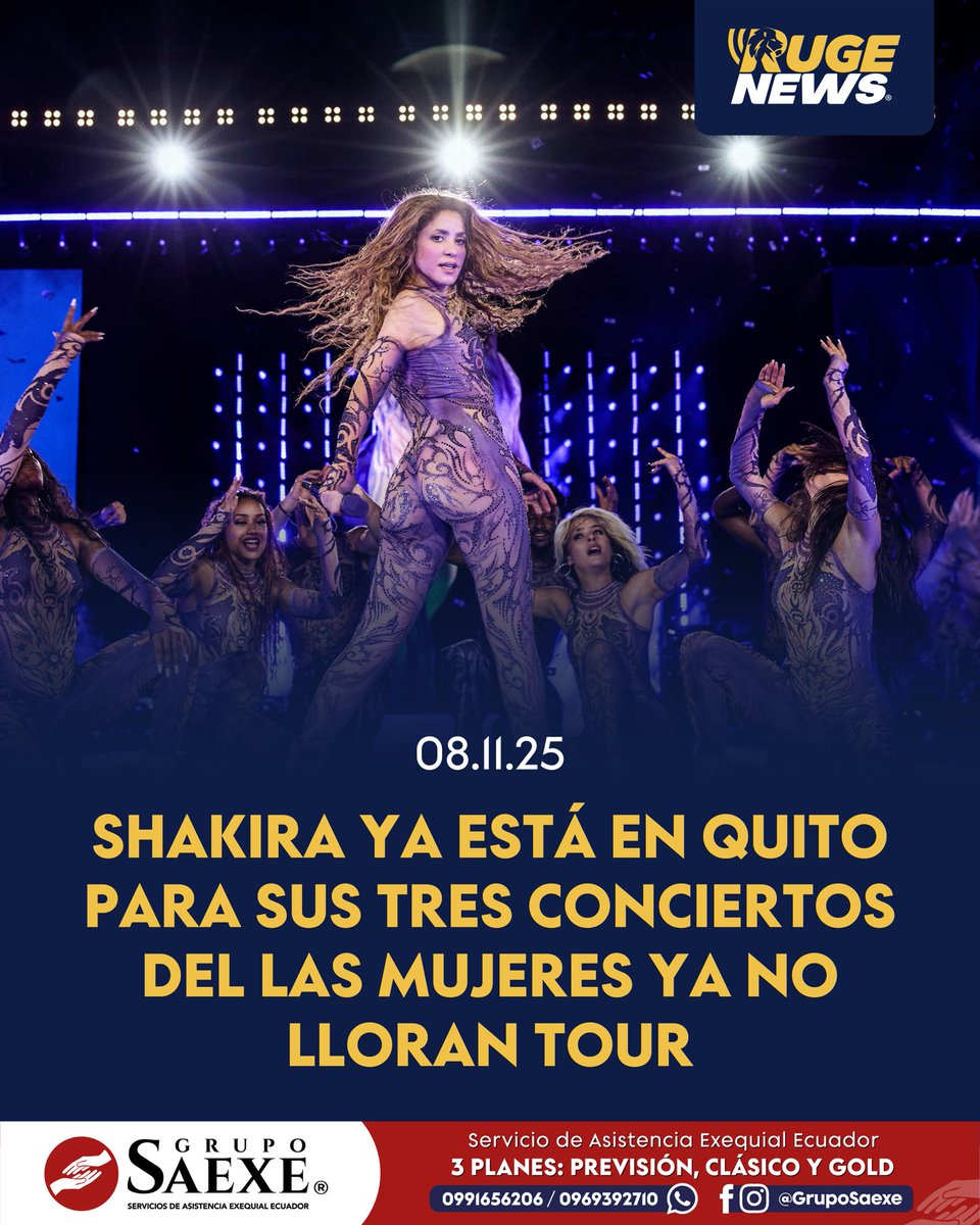 Shakira llegó a Quito la noche del 7 de noviembre bajo fuerte seguridad. Se hospedará en el hotel Marriott y se presentará el 8, 9 y 11 de noviembre en el Estadio Atahualpa. El Municipio habilitó transporte hasta la 01:00 para los asistentes. #ShakiraEnQuito #Tour2025 #RugeNews