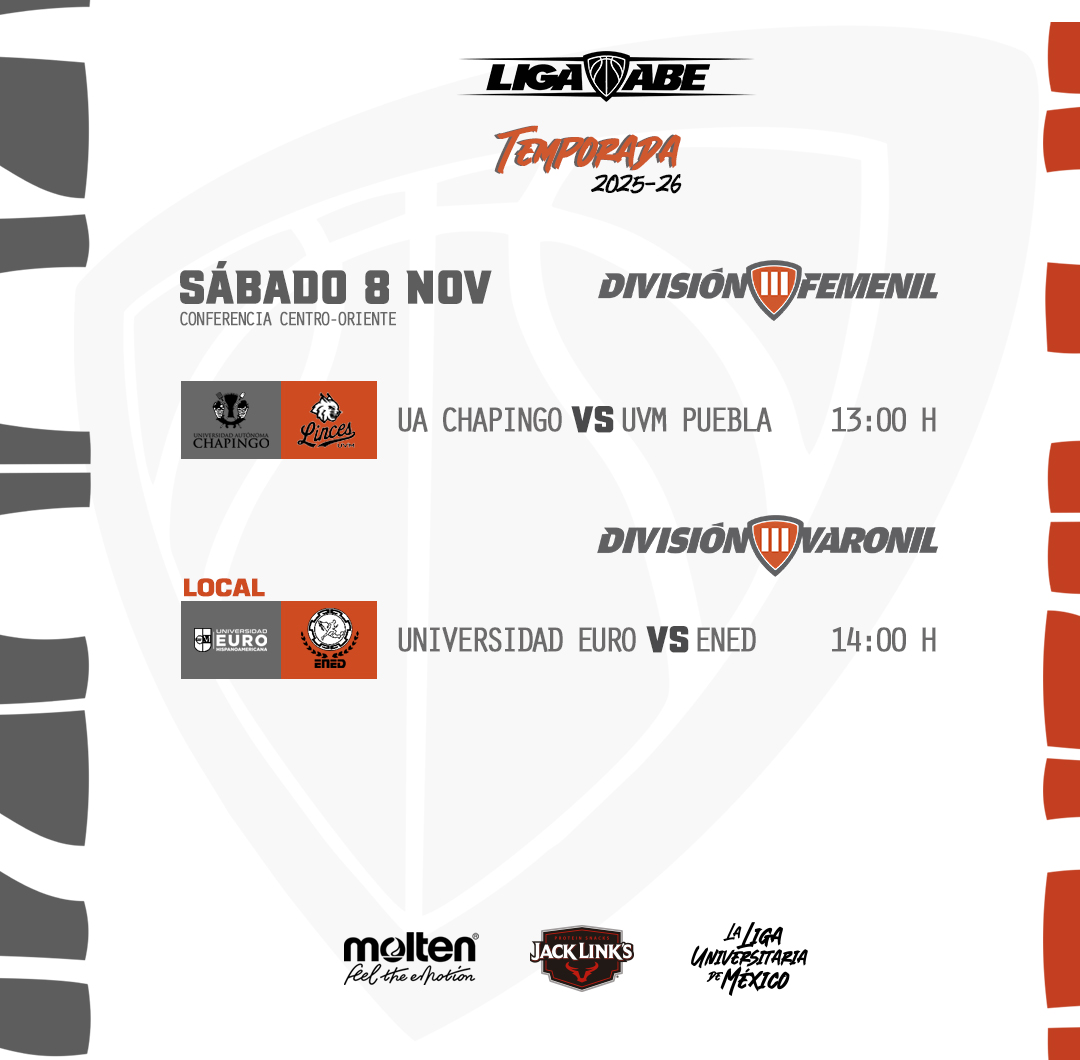 🗓️ #AgendaABE DIII Femenil y Varonil.  

Resultados y Estadísticas en abemexico.org #LigaABE | #MoltenMéxico | #JackLinksLatam