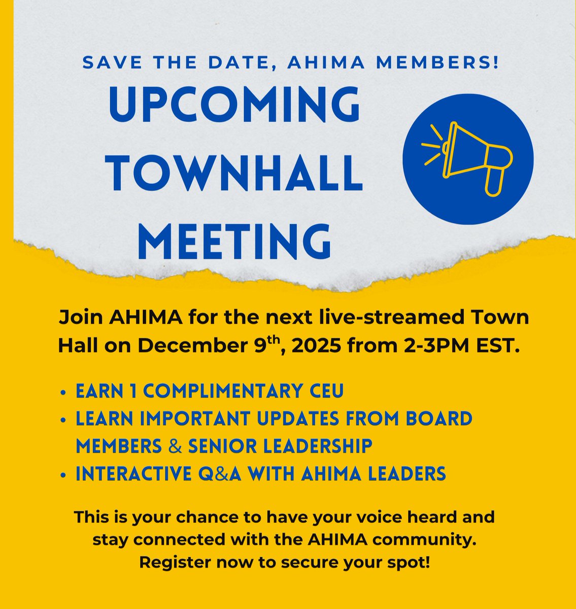 IHIMAHIM's tweet photo. 📷 Save the Date, AHIMA Members!
#AHIMATownHall #AHIMAMembers #HealthInformation #SaveTheDate #IHIMA #HIM #HI
Register here 📷
https://t.co/PuIqVBVKdV https://t.co/PAEnivSAL0