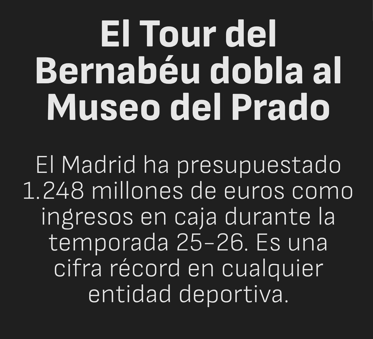 ¡MAL EL MADRID por facturar el doble que el Museo del Prado!

Debería poner un límite a sus ingresos del Tour del Bernabéu, o mejor aún, ofrecerlo GRATIS, para no herir la sensibilidad de los guardianes culturales de la ciudad...
MUY MAL, <a href="/realmadrid/">Real Madrid C.F.</a>. 🙂‍↔️

<a href="/litrosdalcohol/">Julio</a>