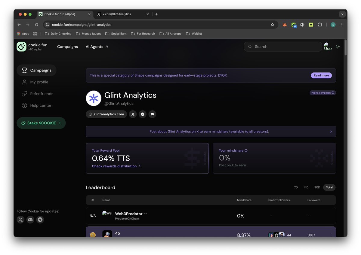 PredatorOnChain's tweet image. Exploring next-gen data insights with @GlintAnalytics! Loving how analytics is simplified for creators &amp;amp; investors. 

#GlintAnalytics #CookieFun #Web3Data #DeFi