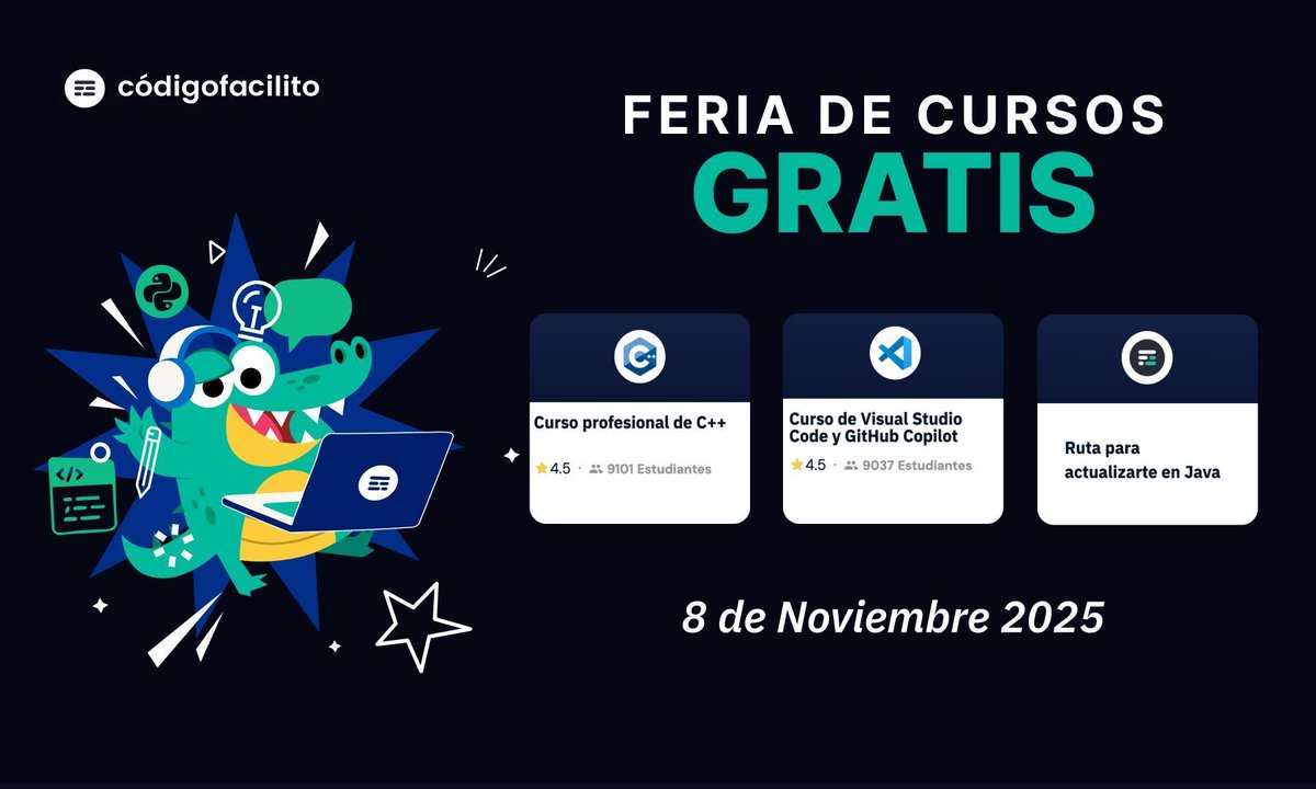 codigofacilito's tweet image. ¿Quieres aprender algo nuevo y GRATIS? codigofacilito.com/feria 

💠 Curso Profesional de C++
🤖 Curso de Visual Studio Code y GitHub Copilot
☕ Ruta para Actualizarte en Java

⌛ Solo por 72hrs.