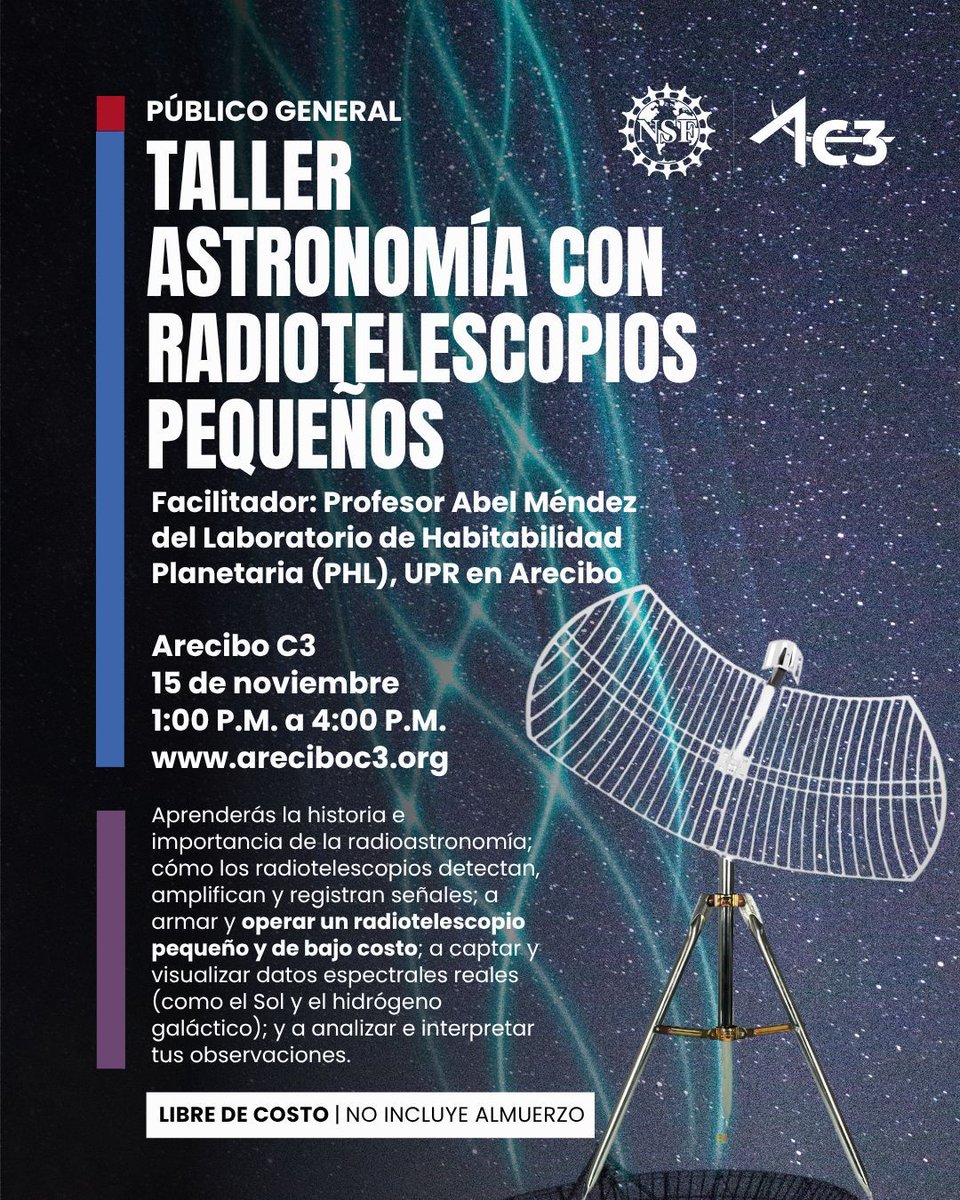 🔭 Explore radio astronomy. Astronomy with Small Radio Telescopes workshop. Learn to detect and record cosmic signals. Assemble and operate a low-cost radio telescope. Free at Arecibo C3, 1:00 p.m.– 4:00 p.m. Register: zfrmz.com/uJWrRWgM0tZMtN…
#AreciboC3 #EventosAc3