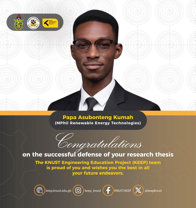 the_ACEProject's tweet image. Big congrats to these @KEEP_KNUST graduates
Vitah Ansah (Mechanical Engineering), Papa Kumah (Renewable Energy Technologies), &amp;amp; Otu Michael (Computer Engineering) are making strides in their fields
tinyurl.com/2v6cdxk6

tinyurl.com/yywrj2ey
#ACEImpact