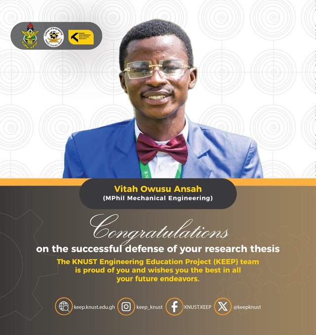 the_ACEProject's tweet image. Big congrats to these @KEEP_KNUST graduates
Vitah Ansah (Mechanical Engineering), Papa Kumah (Renewable Energy Technologies), &amp;amp; Otu Michael (Computer Engineering) are making strides in their fields
tinyurl.com/2v6cdxk6

tinyurl.com/yywrj2ey
#ACEImpact