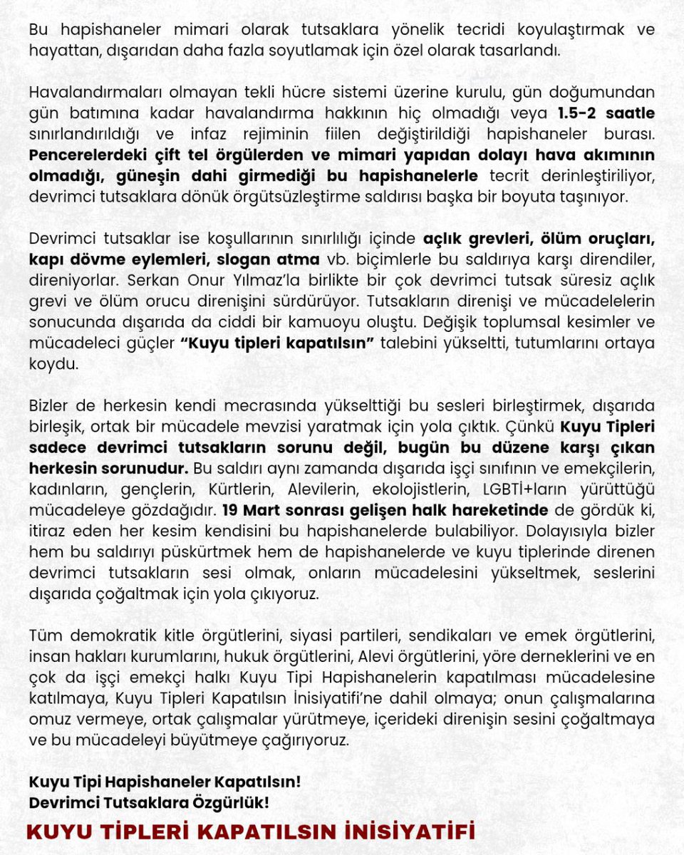 birlesik_isci's tweet photo. Kuyu Tipi Hapishaneler, tecritin en yoğunlaştırlmış halidir ve insanlık suçudur.
Kuyu Tipi Hapishaneler Kapatılsın!
@kuyutipinikapat
#KuyuTipiHapishane
#Tecrit https://t.co/MCaSSDlBMj