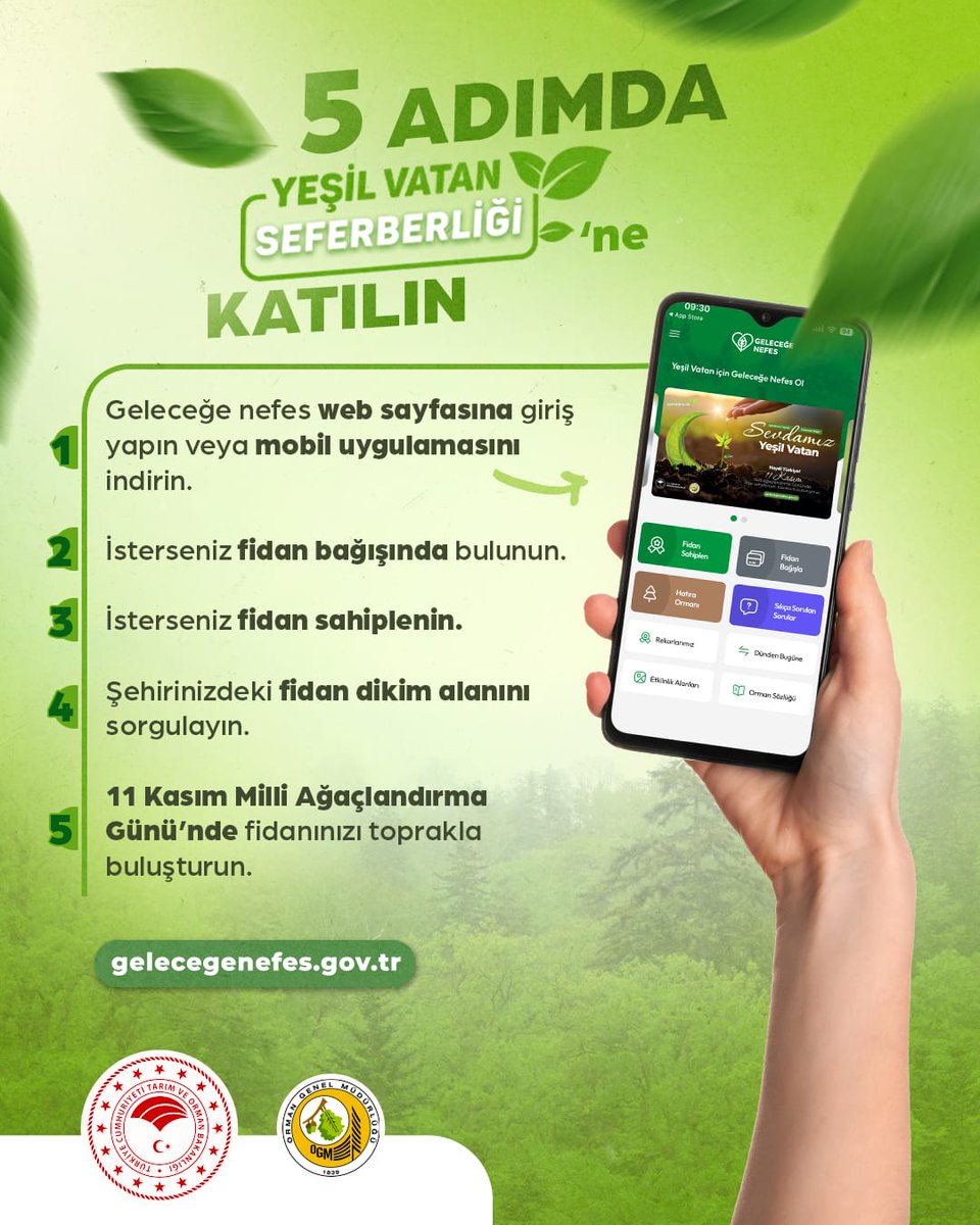 Toprağa dikilen her fidan, geleceğe verilen bir sözdür 💚
#YeşilVatanSeferberliği’nde yerini al, sen de fidanını sahiplen!
👉 gelecegenefes.gov.tr