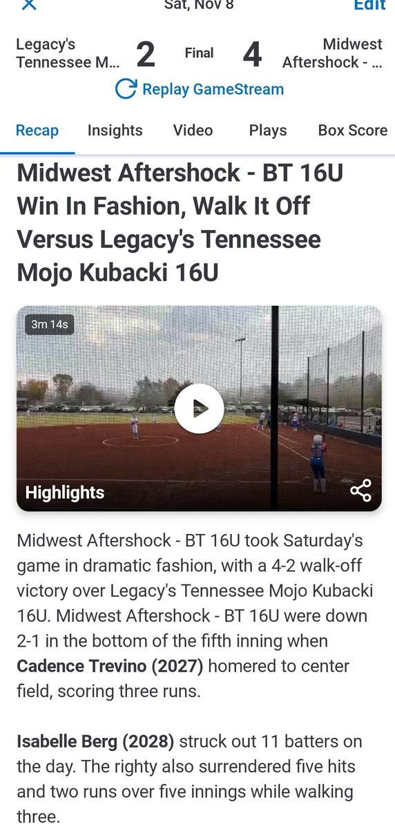 MWAftershockBT's tweet photo. Game 1 in the books in Scenic City, taking the game in Dramtic Fashion 💥.  Well played game, and a great demonstration of resilience by these girls. 👏🏽👏🏽👏🏽. 

Game 2 at 230 🥎
@ConnectSports_ https://t.co/3ppiMgRjHb