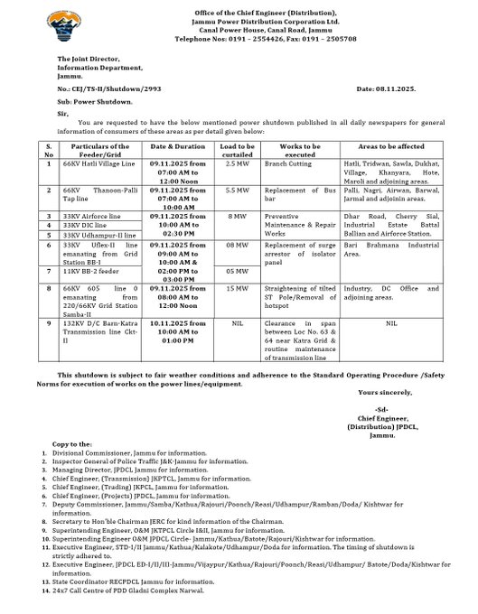 Document from Jammu Power Distribution Corporation Limited titled Shutdown Schedule dated 08.11.2022 listing areas affected by power shutdown work including Ghat Village from 09:00 AM to 02:00 PM for 5 hours branch maintenance Airline from 09:00 AM to 02:00 PM for 5 hours preventive maintenance Bari Brahmana Air Line Udhay from 03:00 PM to 08:00 PM for 5 hours augmentation Town Sub Station from 03:00 PM to 08:00 PM for 5 hours shifting of load Transmission Line from 06:00 PM with no duration for clearance No. 6 and 8 note stating shutdown subject to weather conditions and normal operating procedures safety norms followed during power supply works signed by Chief Engineer Dist with copies to MD JPDCL all SEs O and M Jammu all Xens O and M Jammu Dy Superintending Engineer IT JPDCL for uploading on website Executive Engineer IT JPDCL Jammu Kathua Samba Udhampur for uploading on website AE PR JPDCL Jammu for information Jammu Power DISCOM logo at top.