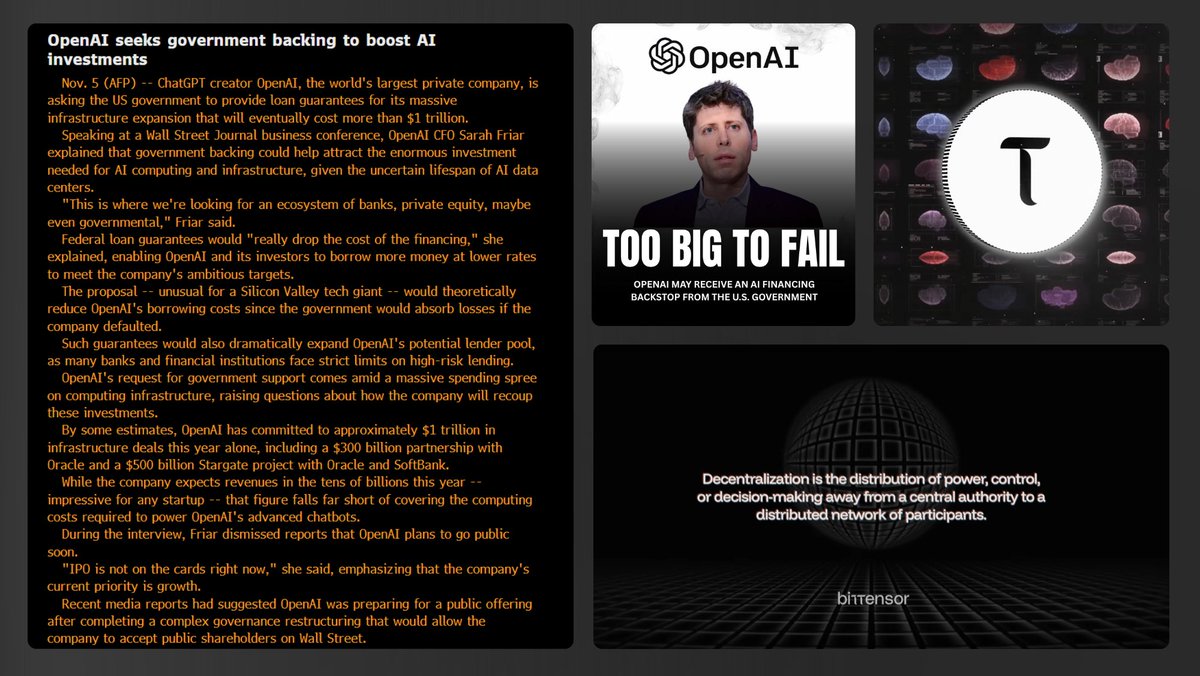 DreadBong0's tweet image. $TAO is currently valued under $4 billion

Meanwhile, Sam Altman&apos;s OpenAI sits at a $500 billion valuation.. and he’s asking the US government for help

Closed AI burns through cash faster than any private company can sustain..

#Bittensor is the opposite..

A permissionless,…