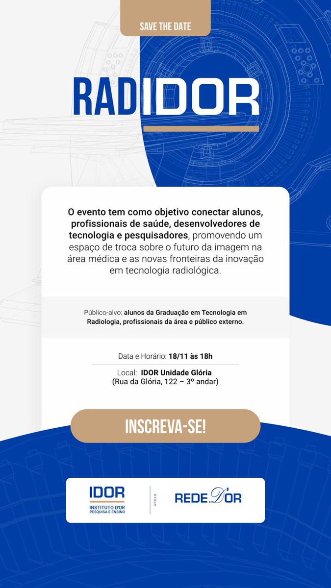 AugustoGervasio's tweet image. Fica a dica!
*RadIDOR 2025*
Dia 18/11
Horário: 18h30
Local: Rua da Glória, 122 -  Faculdade IDOR

Inscrições abertas:
forms.office.com/r/zVR8UKXbsd

Curte, Comente e Compartilhe.
  #augustogervasio  #ensino #pesquisa #idor #rededorsãoluiz #diagnosticos #imagem  #sabedoria #determinação