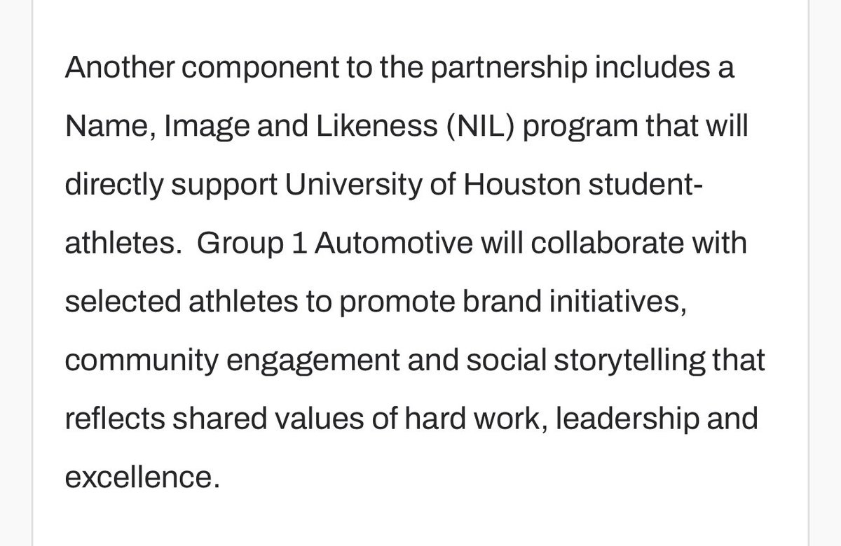This is a good example of a school athletics sponsorship arrangement including an NIL component. 

Group 1 automotive will receive access to MMR assets at 🏈, 🏀, and ⚾️ facilities/games.

And Houston athletes will engage in NIL activities to promote Group 1. 🏎️