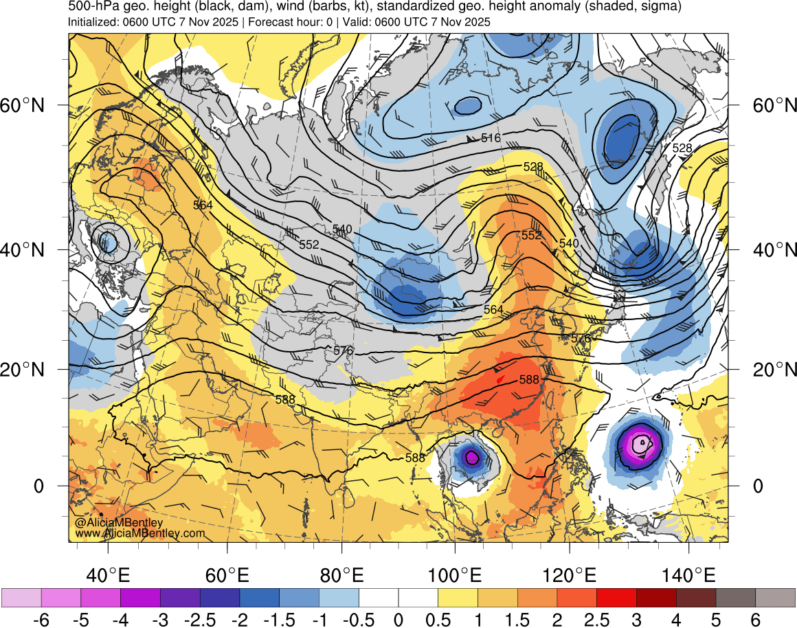 Notons que cette propagation d'ondes du courant Jet ne serait pas non plus possible sans cette anomalie anticyclonique chinoise qui s'étend jusque sur l'Extrême-Orient russe rabattant ainsi de l'air froid sur Kamchatka entrant en collision avec la moiteur de Fung-Wong