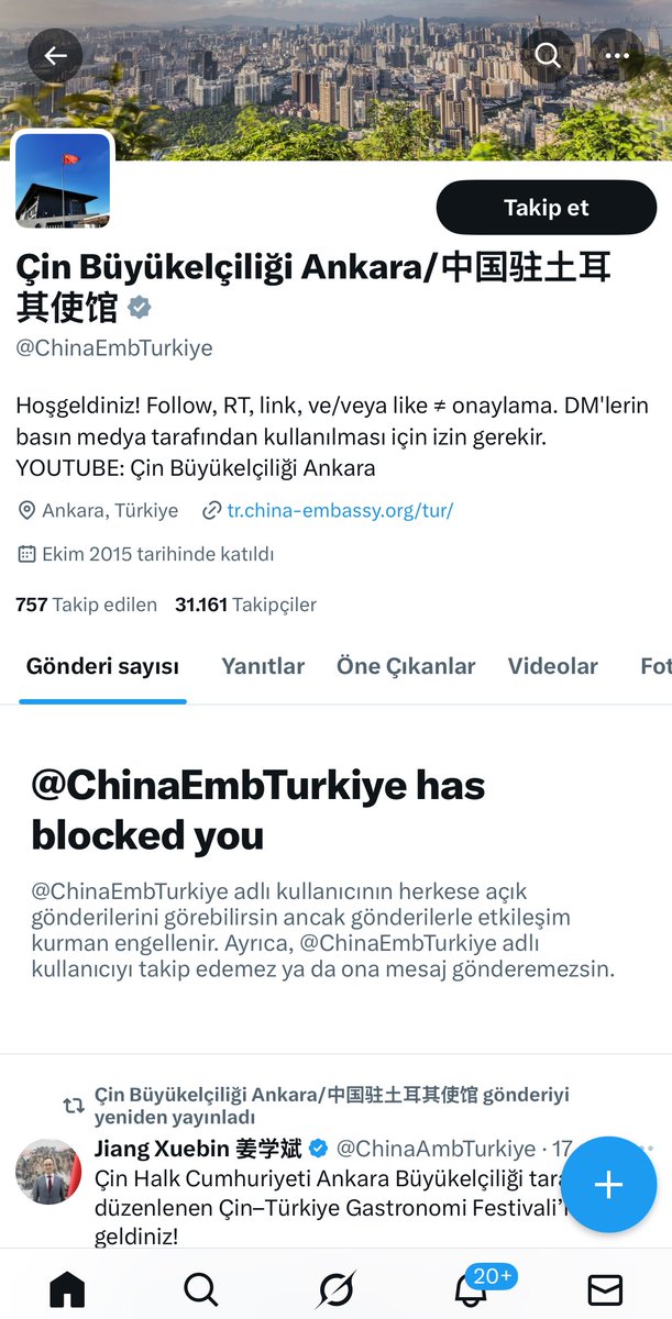 Çin’in Ankara Büyükelçiliği, sayfamızı engellemiş.

Gerçeklerden korkan Pekin yönetimi, dijital alanda da kapı duvar politikası uygulamayı sürdürüyor.
Basın özgürlüğü, Çin sansürünü tanımaz.