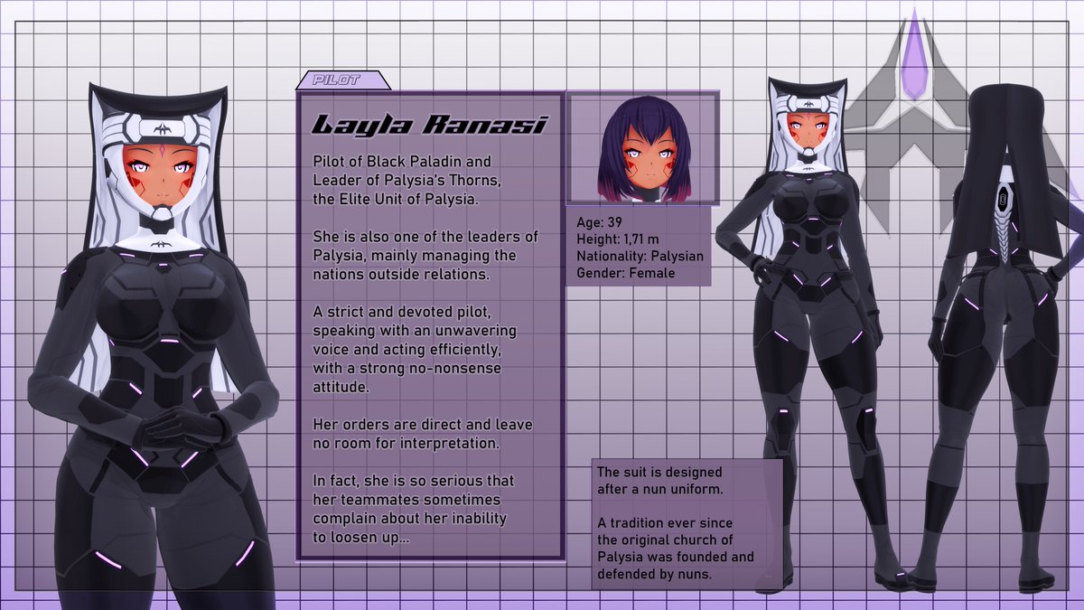 Black Paladin and it's Pilot:   

Layla Ranasi!   

It's a battle-nun piloting a beefy mech! We will take a closer look at Black Paladin's armaments in the next days.

   #blender3d #b3d #mecha #scifi #original