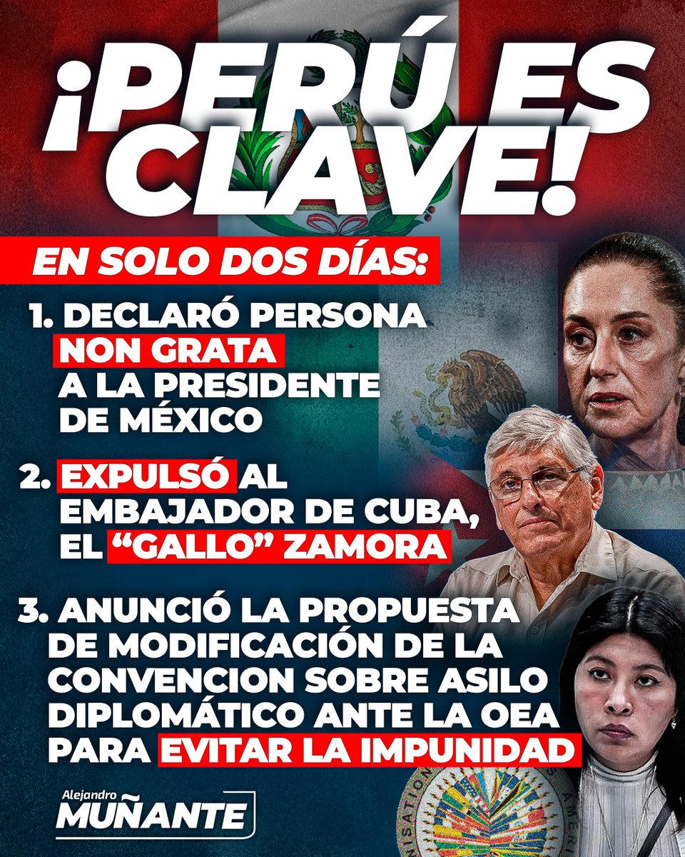 🇵🇪 #PerúEsClave! | En solo dos días, nuestro país ha demostrado liderazgo y firmeza en defensa de su soberanía y la justicia:

1️⃣ Se declaró persona non grata a la presidenta de México, por su constante injerencia en los asuntos internos del Perú.

2️⃣ Se expulsó al embajador de