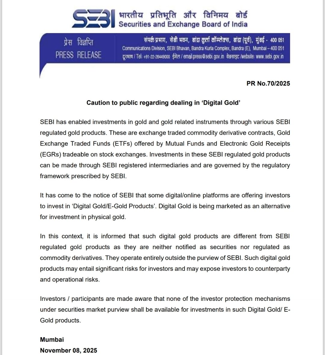imgirii's tweet photo. SEBI ne clear kiya hai ki ‘Digital Gold’ products unke regulatory framework ke under nahi aate — na toh ye registered securities hain, na hi commodity derivatives ki tarah regulated hain.Investor ko caution ke saath aise products me invest karna chahiye. https://t.co/QeqjPCYZip