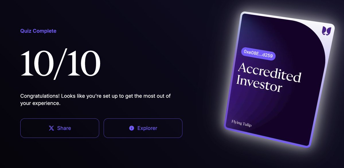 Just completed the investor test from <a href="/flyingtulip_/">flyingtulip.com</a> 

I think everyone who wants to take part in their sale should do it too.

The questions are random and change every time.
Right now around 140K wallets have already passed the test successfully.