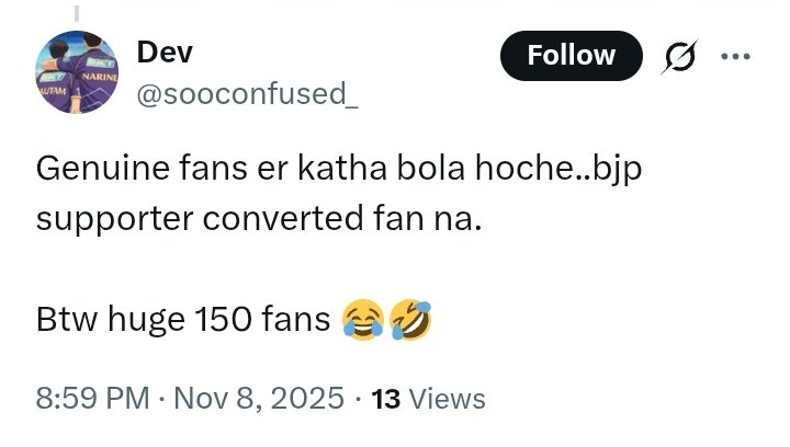 According to this person every Prabhas fan from North India is BJP supporter!!!! No apolitical person can be Prabhas fan 😂😂😂

RIP logic 🙏🙏🙏