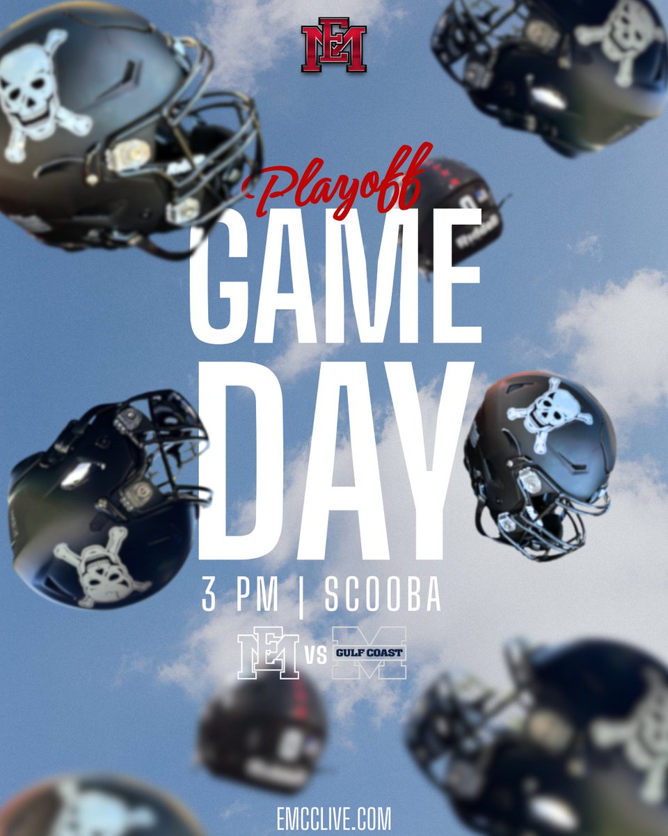 GAME DAY! It's playoff time!! #PR1DE 
🏈EMCC vs MGCCC
📍Scooba MS
🏟️ Sullivan-Windham Field
⌚️3:00 PM
🎟️avail at gate, $25 res/$10 GA
💻emcclive.com
📻107.9 FM, 92.7 FM
📰bit.ly/3JJSitG
📊bit.ly/43j6HUo