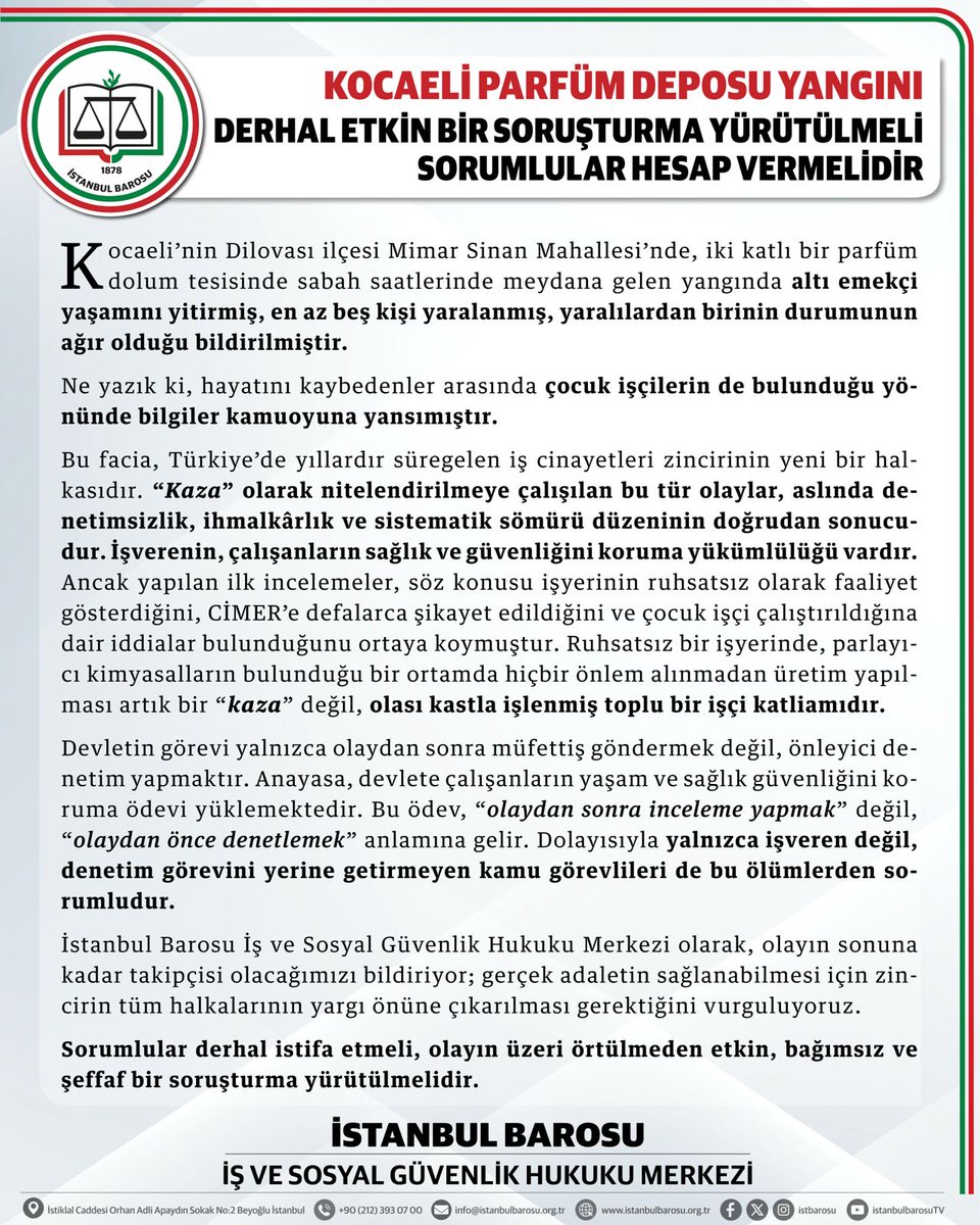 Kocaeli Parfüm Deposu Yangını: Derhal Etkin Bir Soruşturma Yürütülmeli Sorumlular Hesap Vermelidir