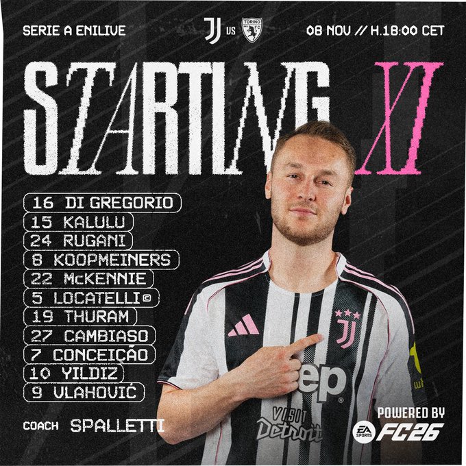 Graphic displays Serie A match details between Juventus and Torino on 08 Nov at 18:00 CET, with starting XI list including players Di Gregorio, Kalulu, Koopmeiners, McKennie, Locatelli, Cambiaso, Gonzalez, Vlahovic, coach Spalletti, and powered by EA Sports FC26, featuring player photos in Juventus kit.