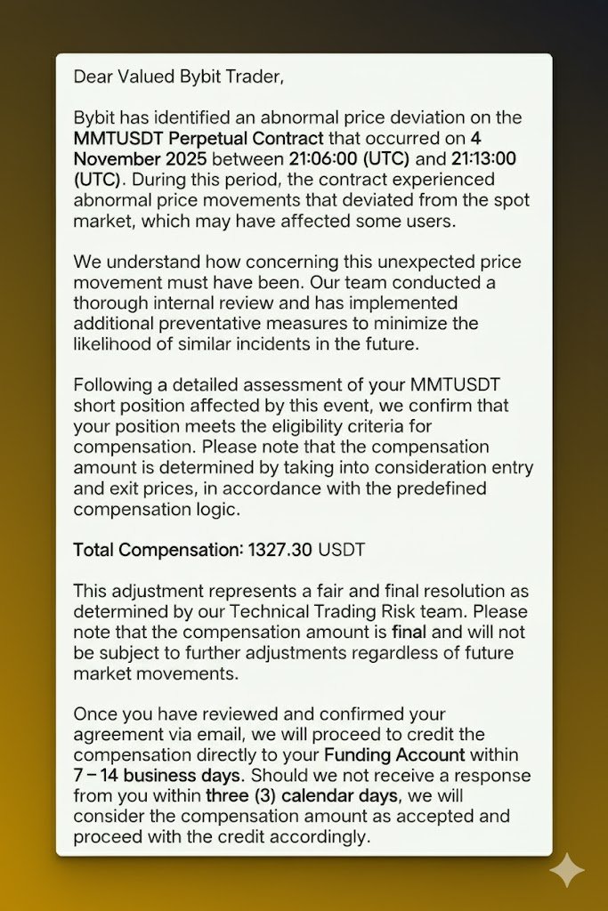 rexcatalyst's tweet image. Thanks @Bybit_Official for the taking care of your clients. I received the compensation offer for the $MMT abnormal price action.

Thanks @benbybit and Bybit Community Team.

Pleasure to be a part of forever awesome Bybit Community Team 🙌