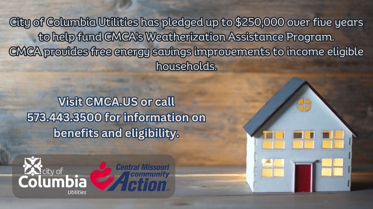 City of Columbia Utilities has pledged $50,000 per year to fund CMCA's Weatherization Assistance Program for Water &amp; Light electric customers.

The agreement will help ensure that qualifying households can make energy efficiency improvements at no cost.

cmca.us/get-help/weath…
