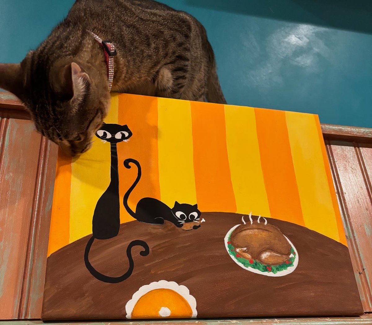 Wow, I think the cats thought those Purr-Key Dinner 🦃 paintings you all made last night look pretty tasty!

We have Meowditation 🧘🏻‍♀️ from 9-10am today, then later in the evening we’ll be enjoying Mewsic Night 🎵 with Eliza from 6-8pm! It’s a good day here at the Witty Whisker. 🐱