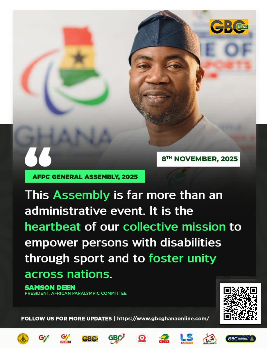 GTV_Ghana's tweet image. AFPC General Assembly, 2025

This Assembly is far more than an administrative event. It is the heartbeat of our collective mission to empower persons with disabilities through sport and to foster unity across nations 

-Samson Deen President, African Paralympic Committee

#AFPC…