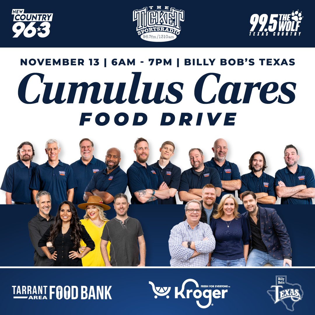 🎶 Cumulus Cares Food Drive
📍 Billy Bob’s Texas, Fort Worth
📅 Thurs, Nov 13 | ⏰ 6AM–7PM

Join us with <a href="/995thewolfdfw/">99.5 The Wolf</a> &amp; <a href="/dfwticket/">96.7 The Ticket</a> to support <a href="/TAFoodBank/">Tarrant Area Food Bank</a>, sponsored by <a href="/KrogerDFW/">Kroger News Dallas</a>!

💻 Virtual Drive 👉 teamtafb.org/cumuluscares