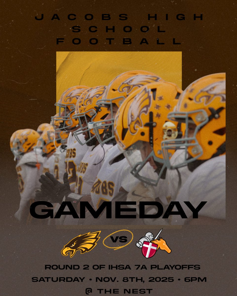 HDJ_Athletics's tweet photo. GAMEDAY!

Round 2 of the IHSA 7A Playoffs 
Jacobs vs. Brother Rice.

Kickoff at 6:00 PM at The Nest.

Show up. Stand loud. Back your team.

#GoEagles #PlayoffFootball #JacobsPride https://t.co/FuSIb2ufNc
