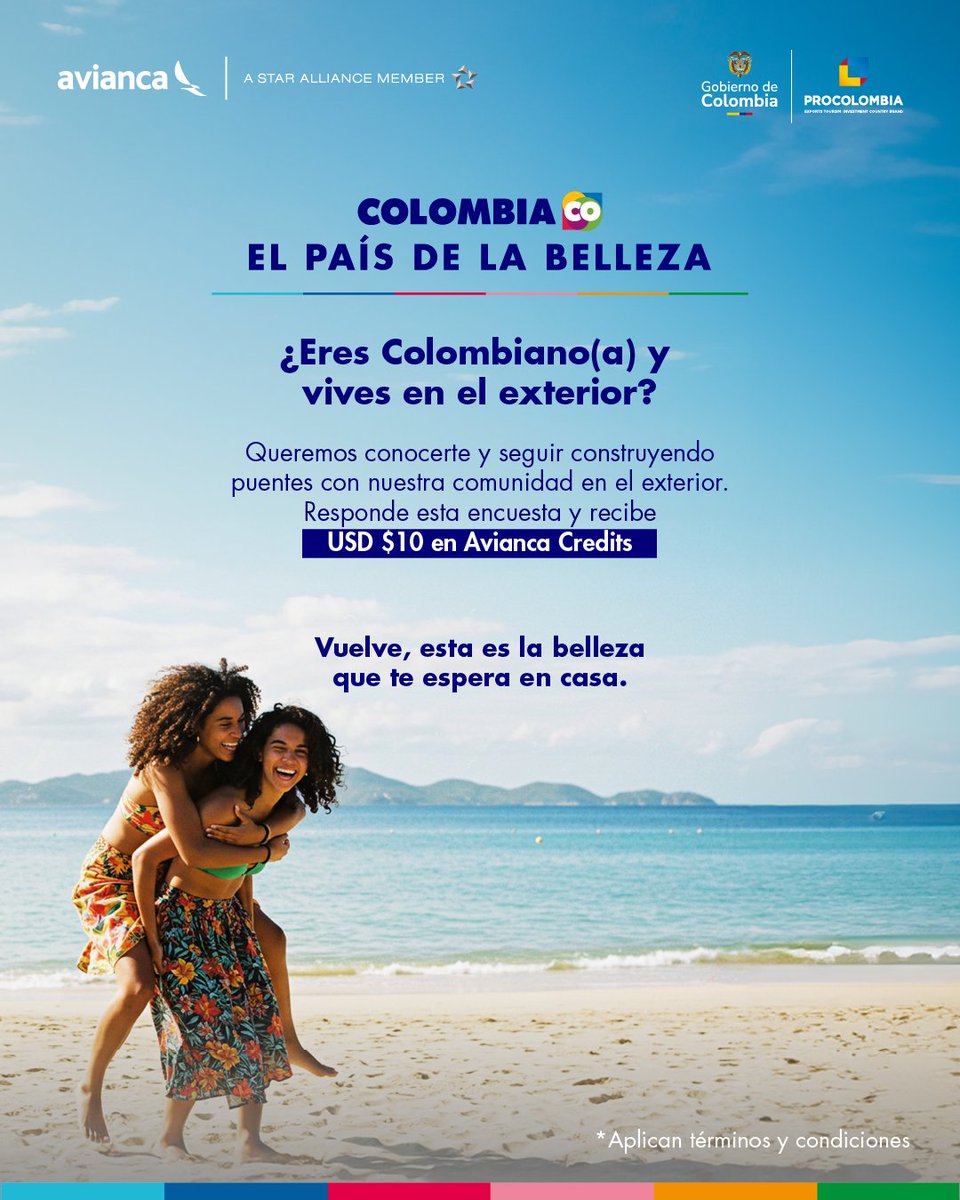 PROCOLOMBIACO's tweet photo. 🌎 ¡Tu voz cuenta!
Ayúdanos a seguir construyendo #ElPaísDeLaBelleza 🇨🇴 compartiendo tu experiencia sobre Colombia.
🤩 Vuelve, esta es la belleza que te espera en casa. ✨
💬 Responde la encuesta en https://t.co/b8w83Qh19U y recibe USD $10 en Avianca Credits para tu próximo viaje al país.

**Aplican términos y condiciones. Incentivo entregado por Avianca hasta agotar existencias.
#VisiteColombia