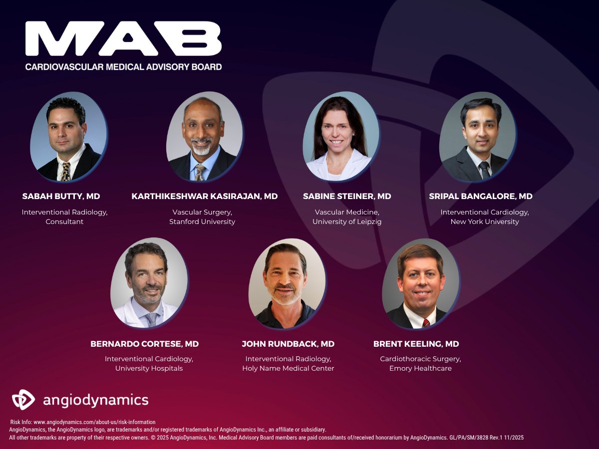 angiodynamics's tweet image. We are proud to announce the formation of the AngioDynamics Cardiovascular Medical Advisory Board. Having direct input from leading experts world-wide ensures we remain grounded in clinical reality while pushing the boundaries of what’s possible.
 
This MAB will reinforce our…