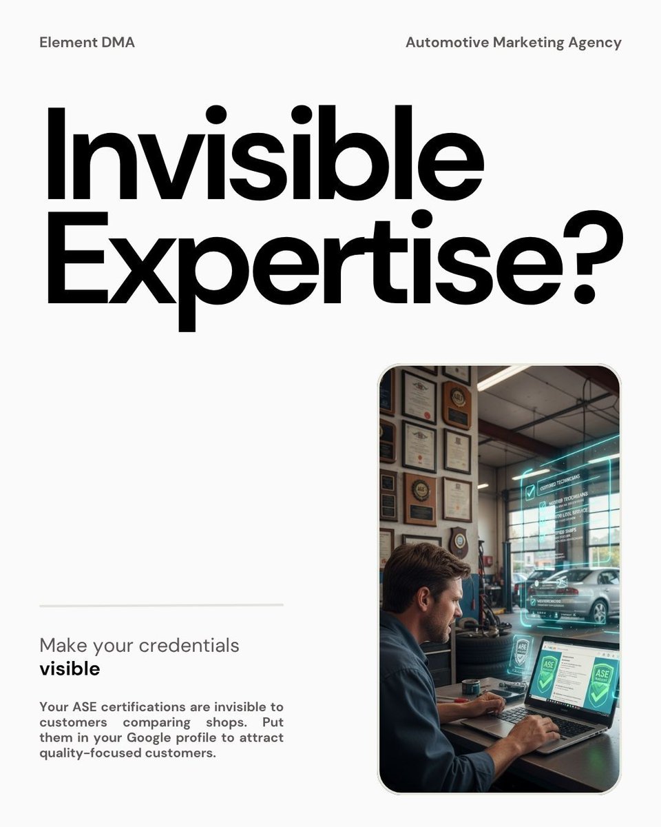 ElementDMA's tweet image. Your ASE certifications don't justify premium pricing if customers can't see them when comparing shops 📊

Put credentials in GBP description, connect them to customer benefits on service pages, target certified mechanic searches

Make expertise visible or compete on price 🔧