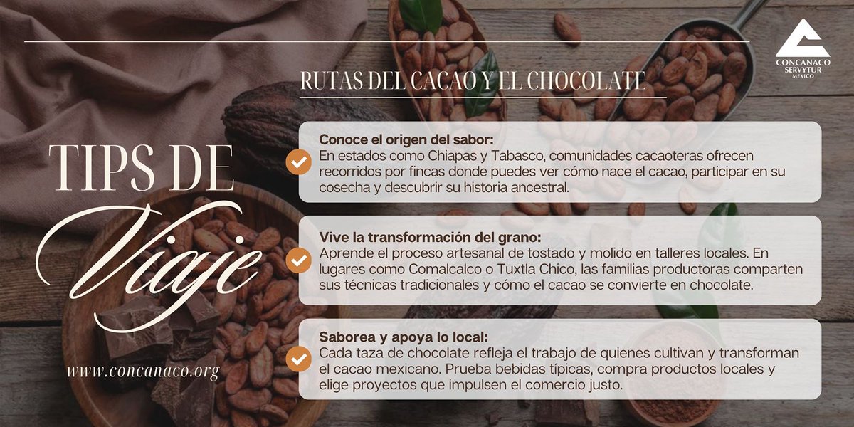 CONCANACO's tweet image. #TipsDeViaje ✨
Si buscas una experiencia auténtica, las Rutas del Cacao y el Chocolate en #Chiapas y #Tabasco son un viaje que despierta todos los sentidos. 🍫🤎

¡Vive México a través de sus sabores!