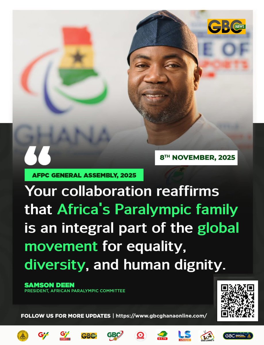 GTV_Ghana's tweet image. AFPC General Assembly,  2025

Your collaboration reaffirms that Africa&apos;s Paralympic family is an integral part of the global movement for equality, diversity, and human dignity

-Samson Deen President, African Paralympic Committee [Event: AFPC General Assembly

#AFPC
##gbcnews