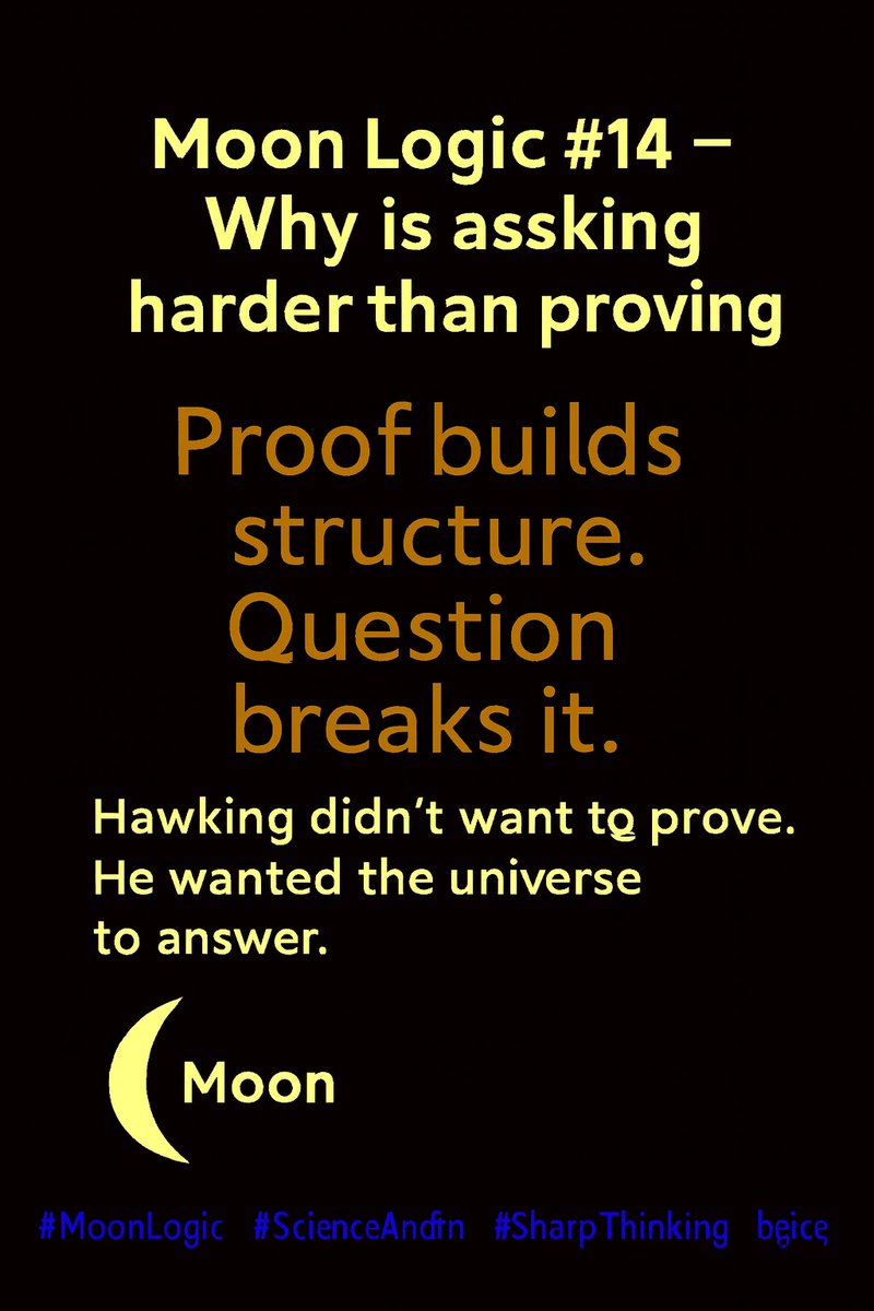 MoonismForhn's tweet image. Moon Logic #14 — Why is asking harder than proving?   Proof builds structure. Question breaks it. Newton measured the world. Hawking questioned it. One built law. The other, horizon. 🌙 #MoonLogic #SharpThinking #ScienceAndPhilosophy