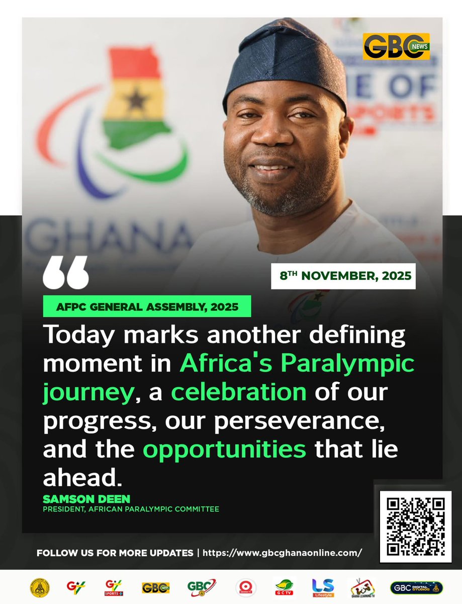 GTV_Ghana's tweet image. AfPC General  Assembly, 2025

Today marks another defining moment in Africa&apos;s Paralympic journey, a celebration of our progress, our perseverance, and the opportunities that lie ahead.

- Samson Deen President, African Paralympic Committee

#AFPC 
#gbcnews