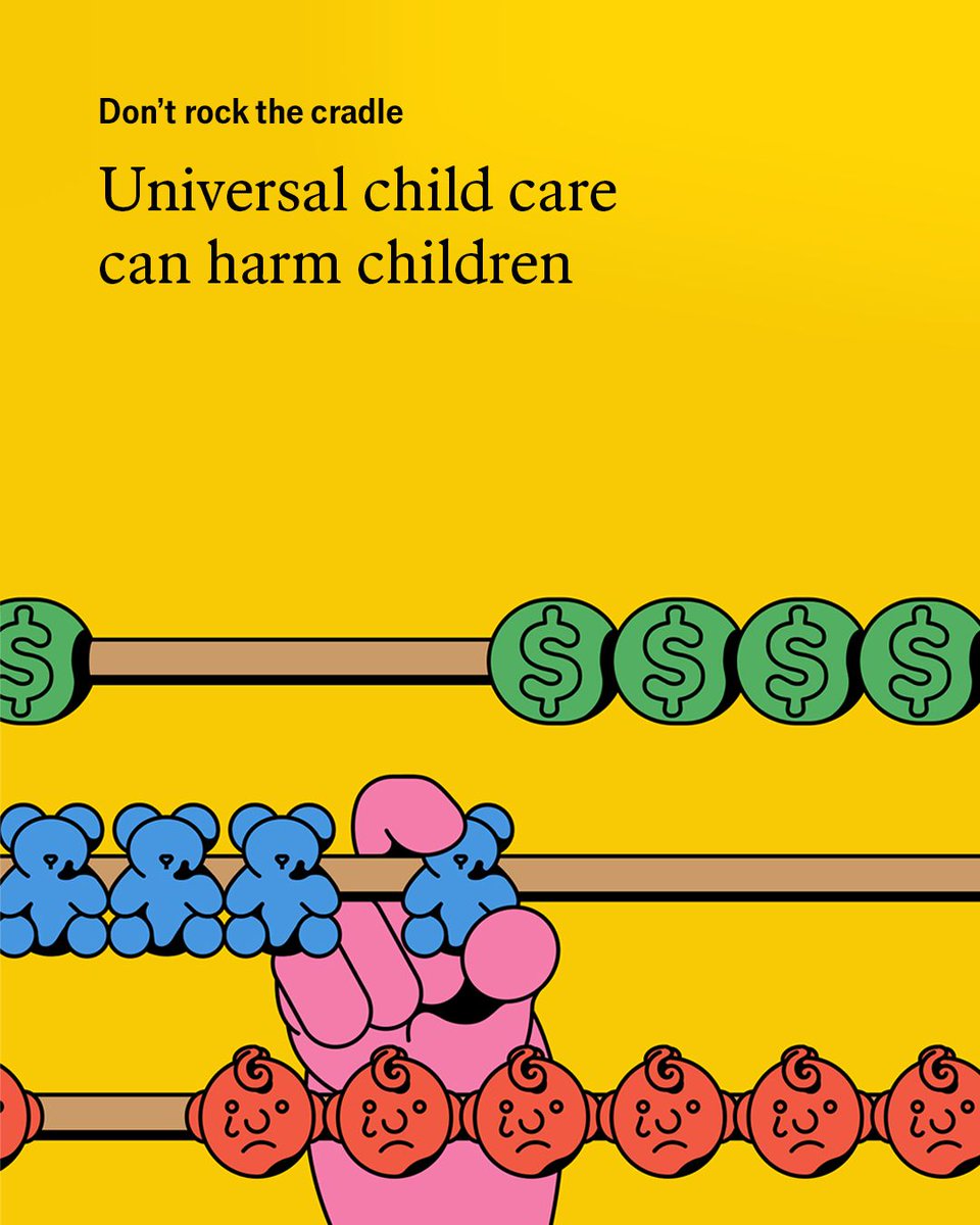 TheEconomist's tweet photo. The idea of liberating parents is an attractive one. And the idea of all children, regardless of parental income, playing and learning together from just after birth is a pleasant one. Yet there is a problem https://t.co/Z8803U81kf

Illustration: Fortunate Joaquin https://t.co/nzn02uxmUI